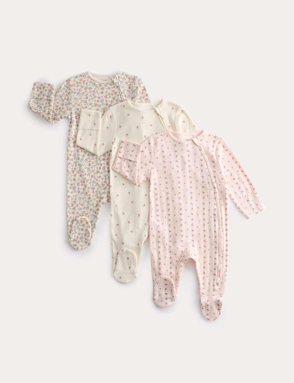 3 Pack Pure Cotton Floral Sleepsuits (0-3 Months)